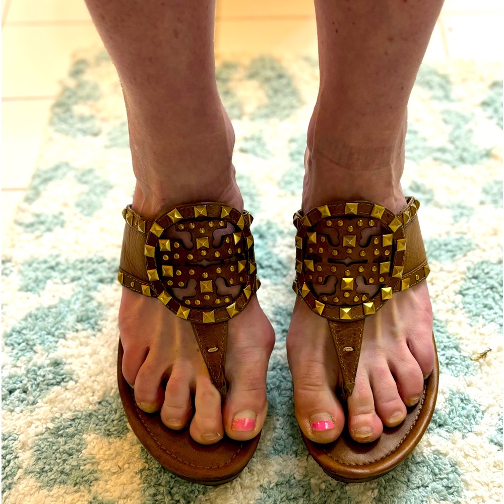 TORY BURCH 🤎 Brown with Gold Hardware 💛 Studded Wedge Platform Slide 👡  9.5